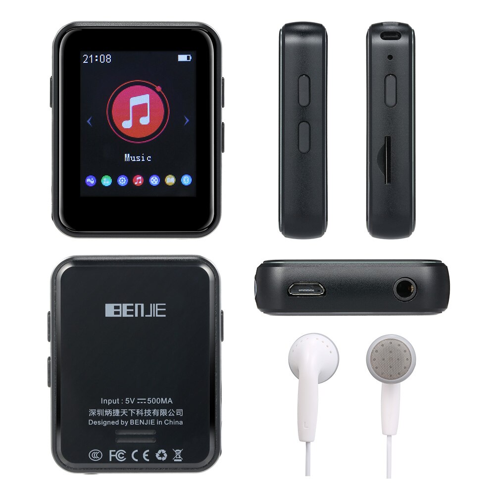 BENJIE X1 reproductor MP3 Bluetooth 5,0, Mini reproductor de música HIFI completamente portátil con pantalla táctil de 16GB con altavoz, Radio FM, grabación, E-book