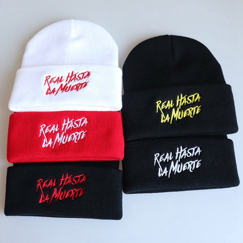 Real Hasta La Muerte sombrero hombre patrón de letra gorro de punto Simple Color sólido lana sombrero invierno cálido gorro Skullies sombrero al por mayor