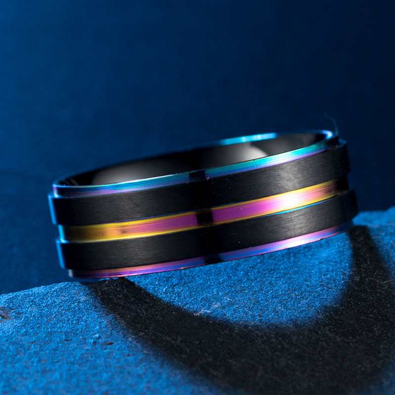 Black Stainless Steel Basic Ring for Men With Rainbow Line Classic Male Wedding Band Multi Color Jewelry Fraternal Rings