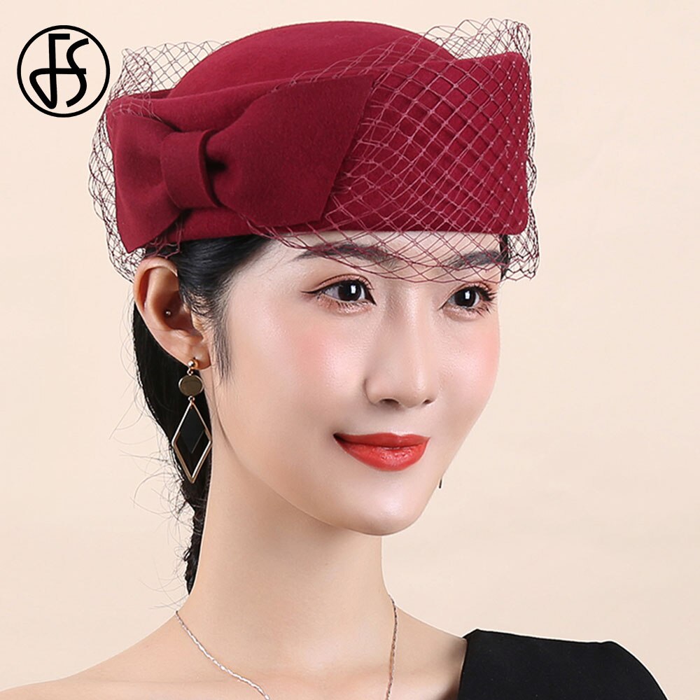 FS British Vintage Bowknot Black Veil Fascinator Hat Women Wool Felt Pillbox Hats Bridal Wedding Party Fedora Church Beret