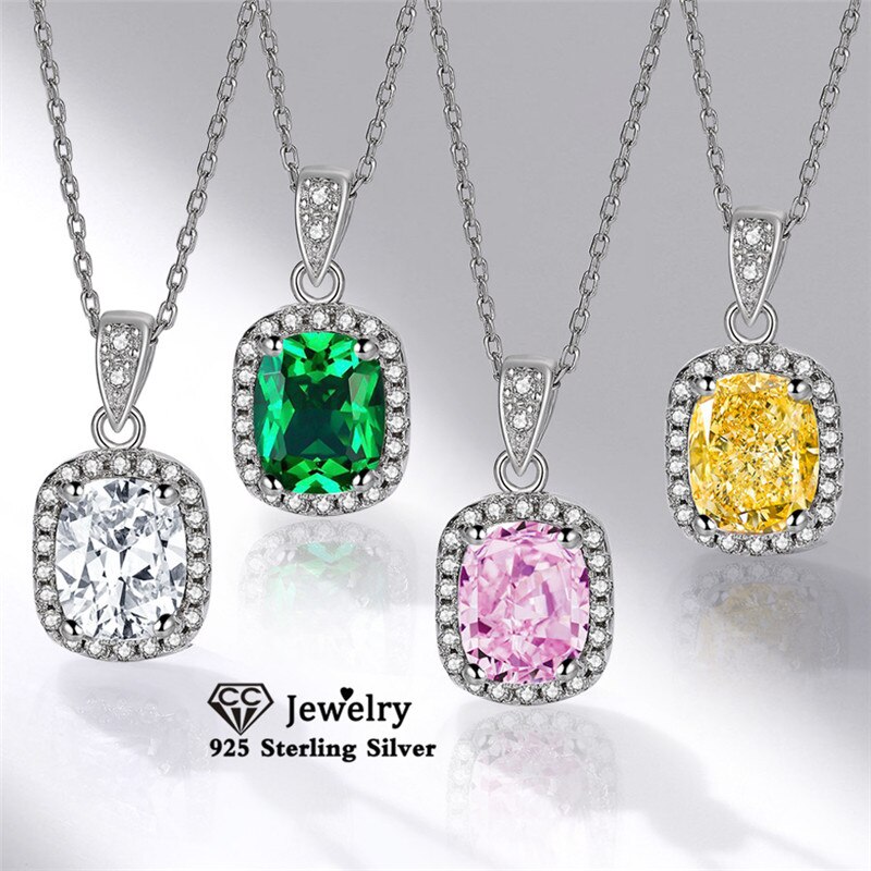 CC S925 Necklaces Pendants For Women Sterling Silver Rectangle 7*9mm Cubic Zirconia Colorful Accessories Jewelry No Chain CCN144