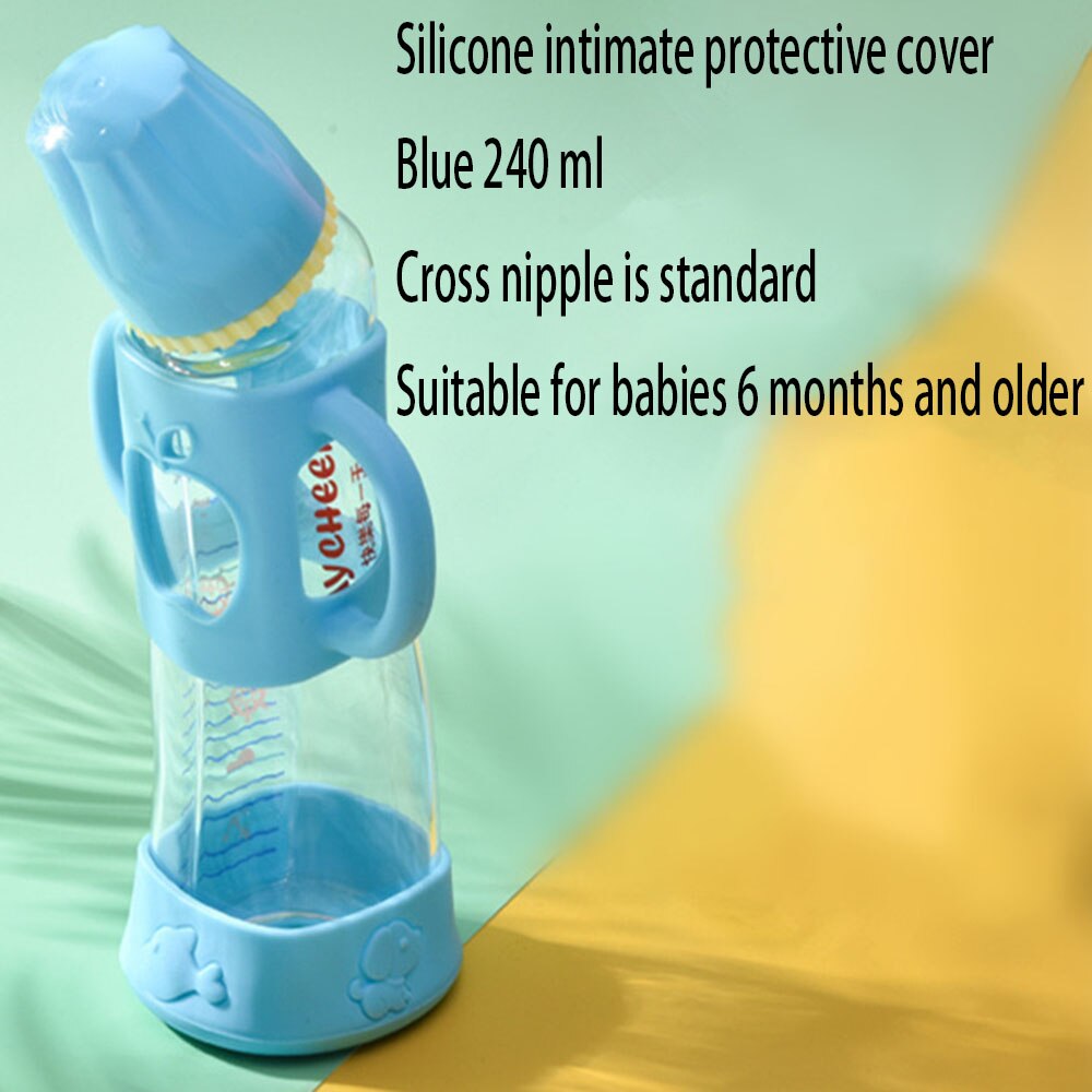 Biberón de borosilicato para bebé, botella de vidrio con etiqueta, pezón de leche para madre y bebé, 150/240ml: blue240ml