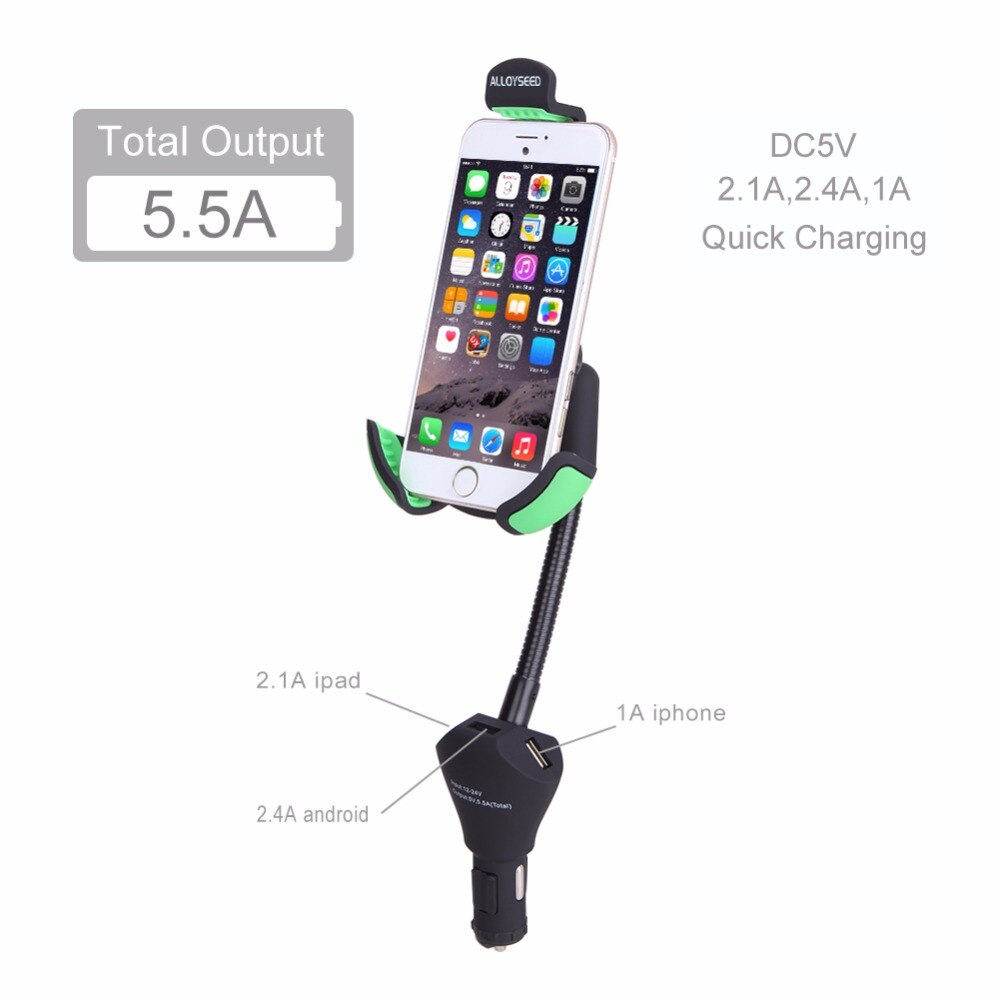 Auto Telefoon Houder Stand Met 3 Usb-poort Quick Auto-Oplader Sigarettenaansteker Flexibele Zwanenhals Ondersteuning Mount Voor 3.5-6.3 "Mobiele