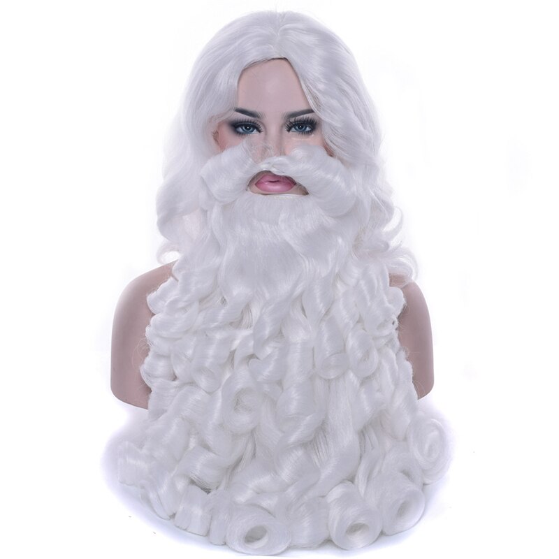 Julenissen skjegg parykk langt bølget hårpynt hvitt sett fancy ansiktshår julefestkostyme cosplay parykk pelucas
