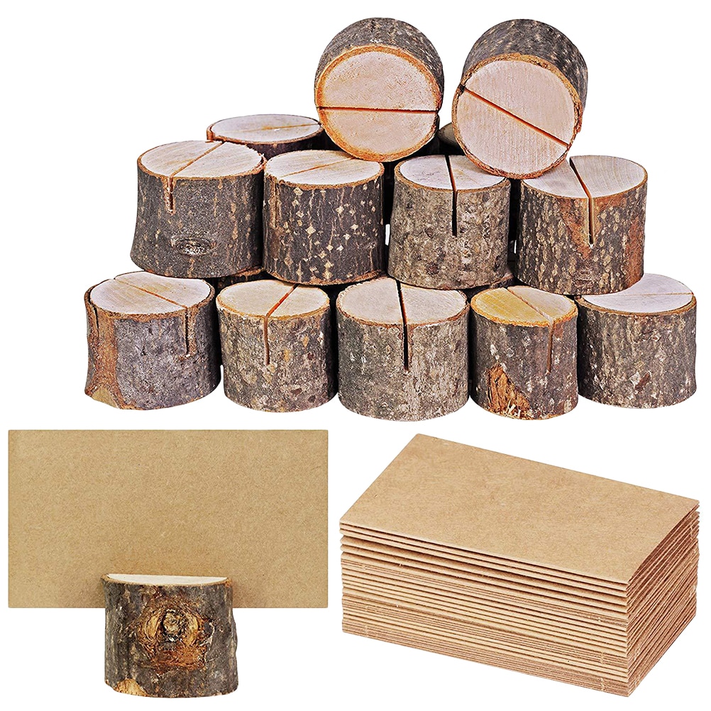 20sets Memo Stand Natural Wooden Bark Wood Pile Nontoxic Simple Photo Holders Decor Clamp Memo Stand With 20 Paper Cards