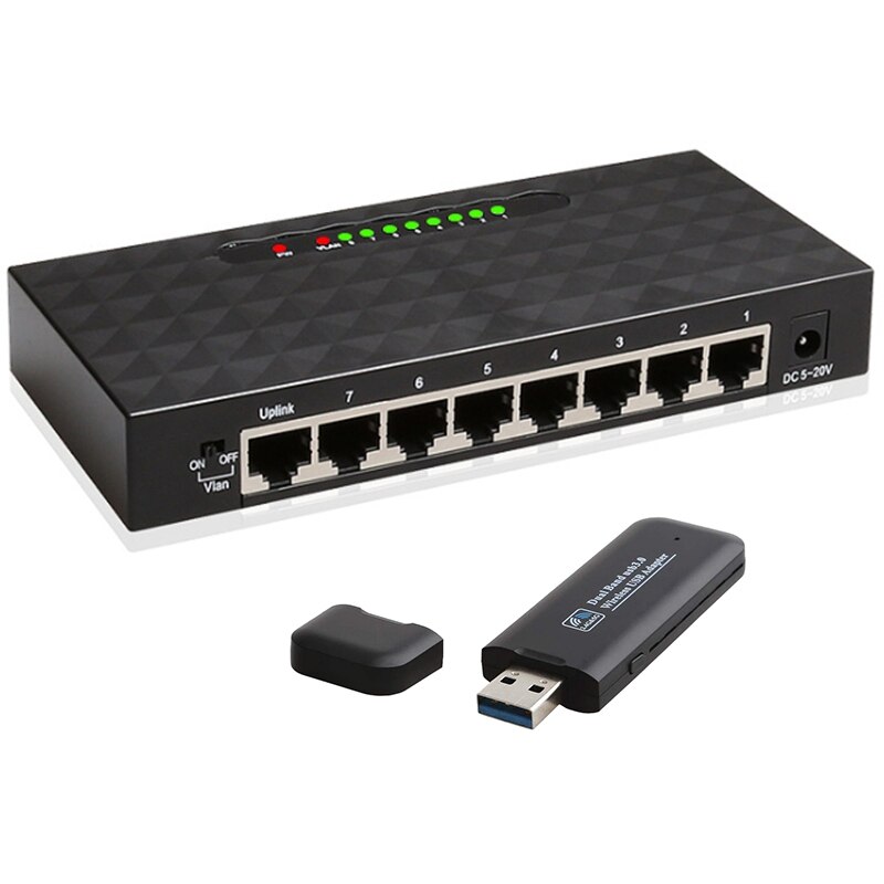 1 Pcs 1000Mbps Gigabit Ethernet Network Switch Eu Plug & 1 Set Usb Draadloze Adapter Usb 3.0 Network Adapter: Default Title