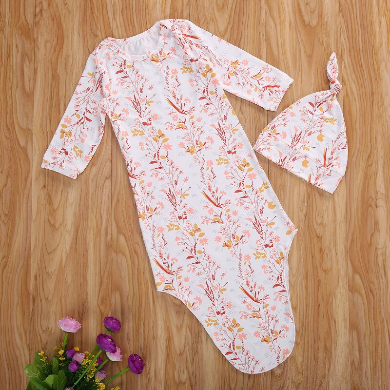 Lente Herfst Baby Nachtkleding 2 Stuks Bloemen Gedrukt Ronde Kraag Lange Mouwen Een-Stukken + Leuke hoed Set Voor Peuter, jongens, Meisjes