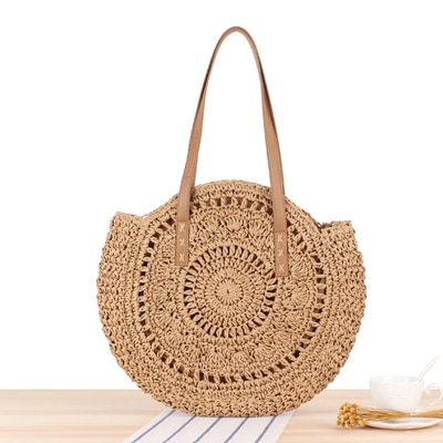 Casual Rattan Women Shoulder Bags Circle Straw Handbags Big Capacity Handmae Summer Tote Lady Round Bohemian Beach Treval Sac: brown 2