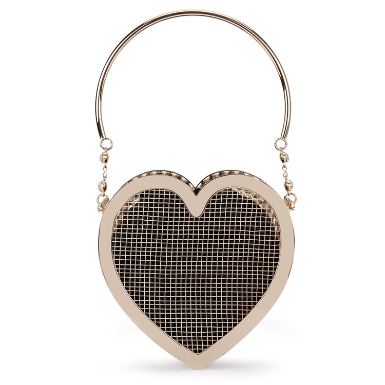 Bolso de mano de lujo con forma de corazón de diamante para mujer, cartera de mano con cadena de diamantes de imitación, ahuecada jaula de Metal, novedad