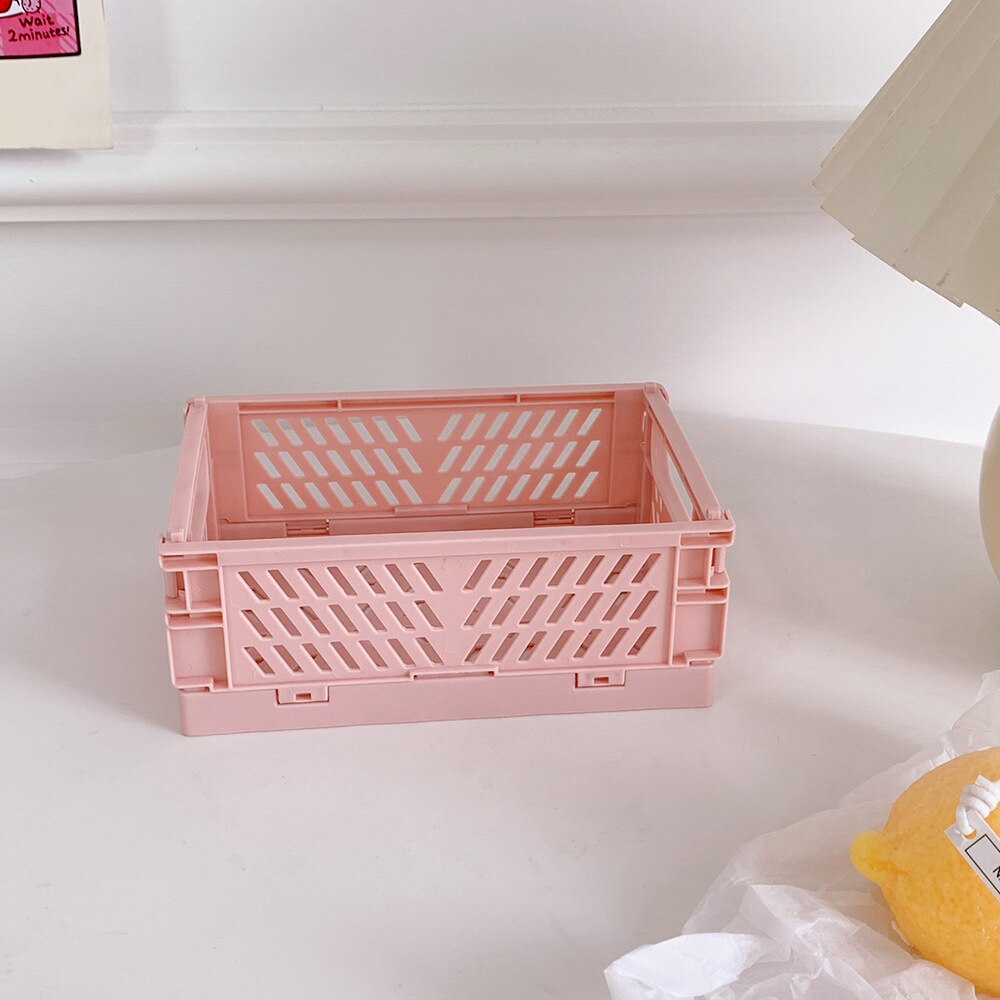 Plastic Collapsible Crate Folding Storage Basket Stackable Container Organizing Bins For Storage Home Office Kitchen Bathroom: Pink