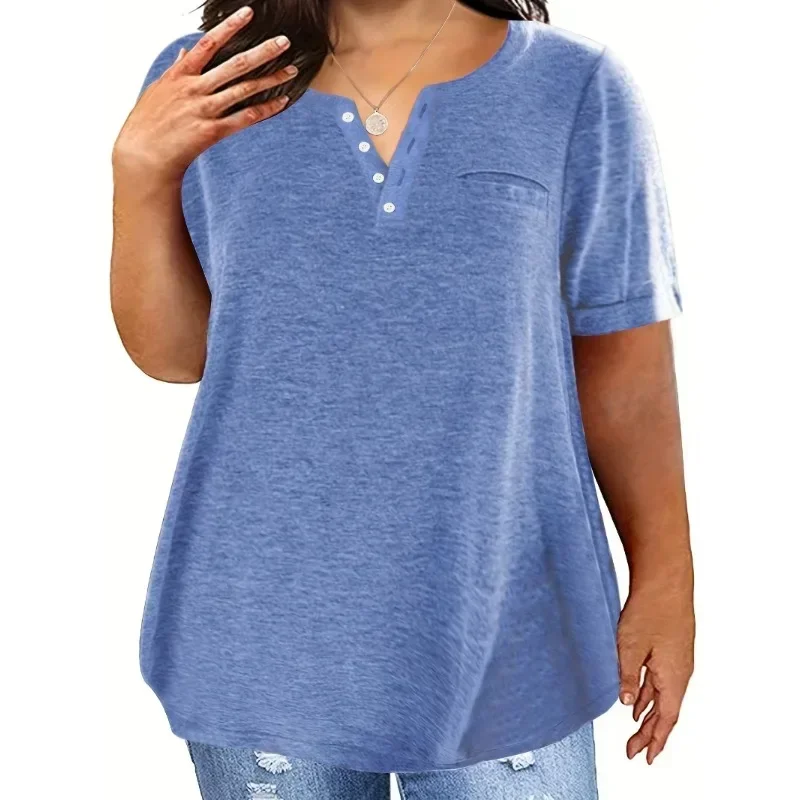 T-shirt décontracté à manches courtes et col en V pour femmes avec poches, grande taille, 1XL-8XL, printemps et été, style