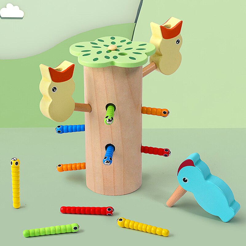 Specht Catcher Catching Wormen Game Magnetische Wormen Vissen Speelgoed Kinderen Houten Speelgoed Bugs Voor Kinderen Kleuterschool Levert