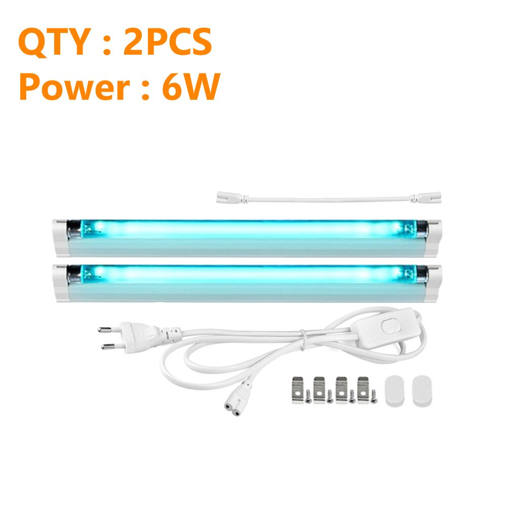 UVC Disinfection Lights Tube UV Ozone Germicidal Lamp T5 Tube Kill Dust Mite Ultraviolet Sterilizer Bulbs 6W 8W EU Plug 220V: 2x6W x1EUx 1Cable