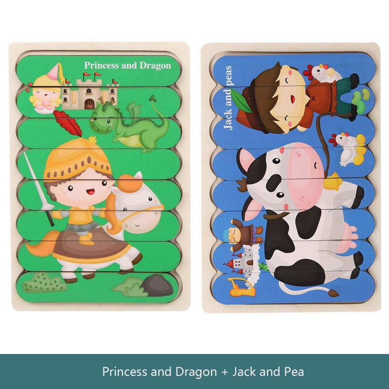 Children Cartoon Puzzle Baby Wooden Double-sided Jigsaw 3D Storytelling Stacking Puzzle Kid Educational Learning Toys: J