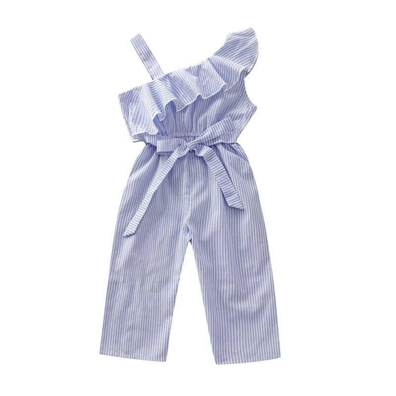 Estate Una Spalla Ruffles Tute E Tute Da Palestra Per Cute Baby Ragazze Casual Infantile Del Bambino Del Bambino A Strisce Pantaloni Lunghi Tute E Salopette del Bambino Del Cotone Del Pagliaccetto