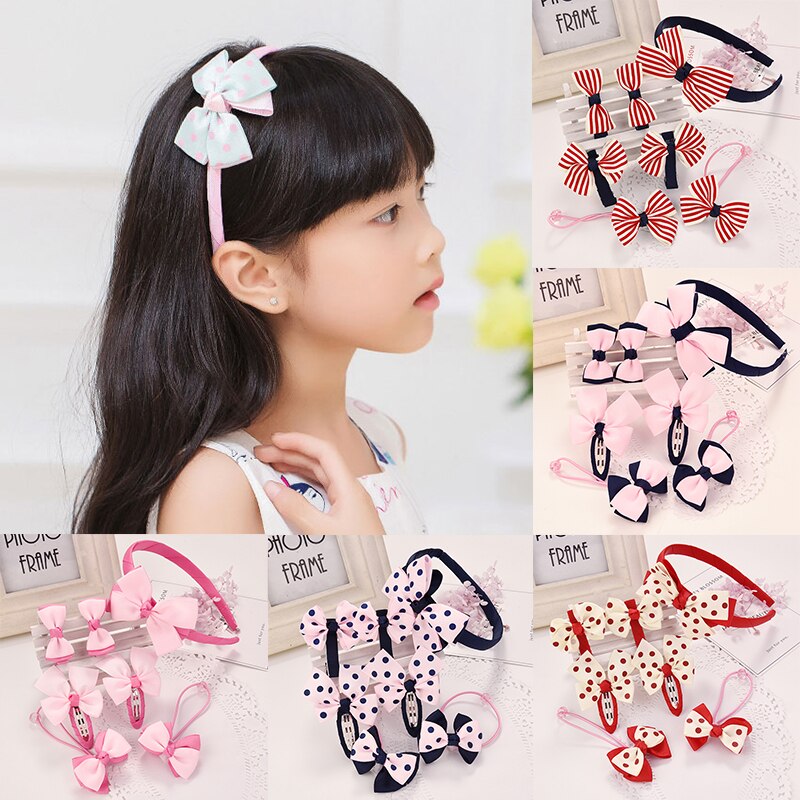 7 teile/satz Kinder Haar Clip Set für Geburtstag Streifen Dots Muster Haarnadeln Nette Haar Seil Mädchen Headwear Haar Zubehör set