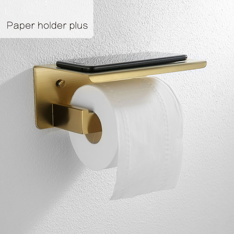 Juego de accesorios dorados para baño Barra de toallas de acero inoxidable 304, soporte de papel higiénico, estante para toallas, gancho, jabonera, cepillo para inodoro: paper holder plus