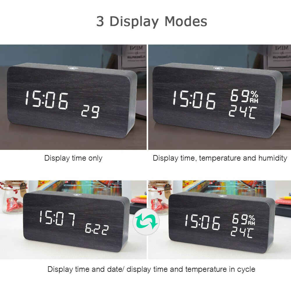 Led Houten Digitale Wekker Voice Control Temperatuur Display Backlight Elektronische Usb/Aaa Aangedreven Klok Tafel Voor Home Decor