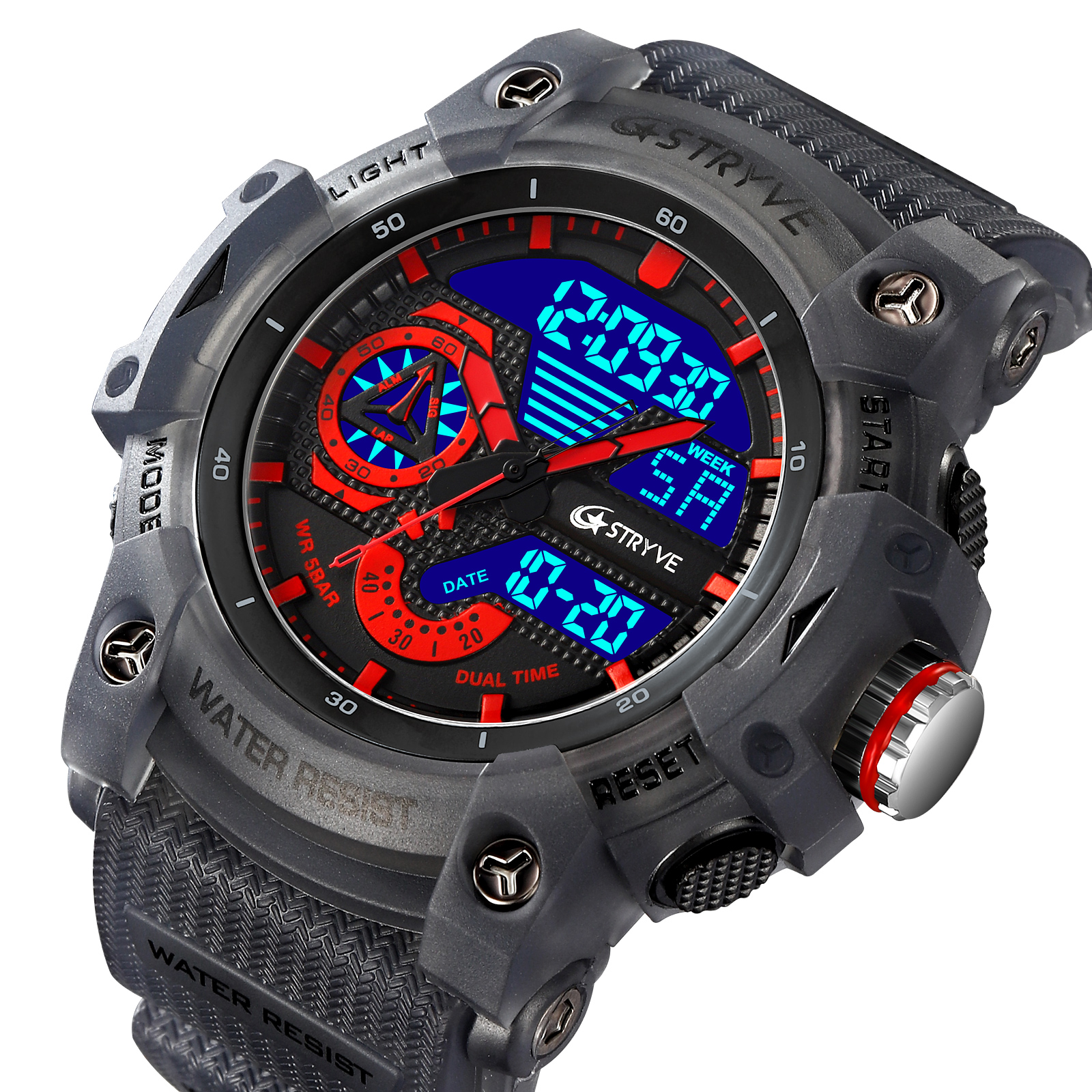 STRYVE Sports Dual Display Watch For Men LED Digital Quartz Waterproof Watches Men's Stopwatches Clock Youth Wristwatches 8029