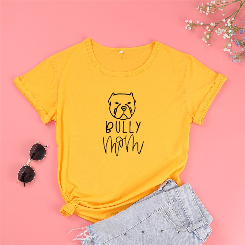 Camiseta de manga corta con cuello redondo para mujer, camisa UNISEX con estampado de Bully dog mom, 100% algodón, Harajuku,