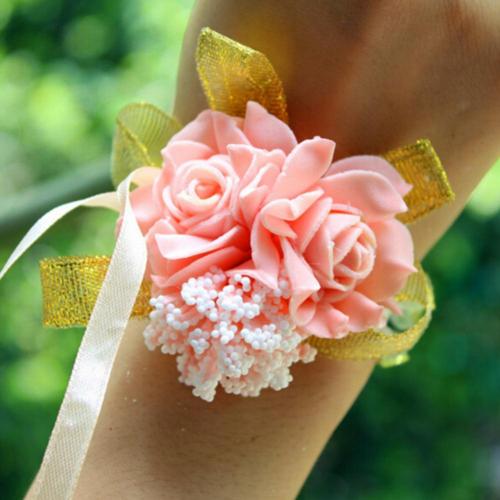 Mousse Rose fleurs mariée demoiselle d'honneur poignet Corsage mariage ruban Bracelet: Lumière Rose