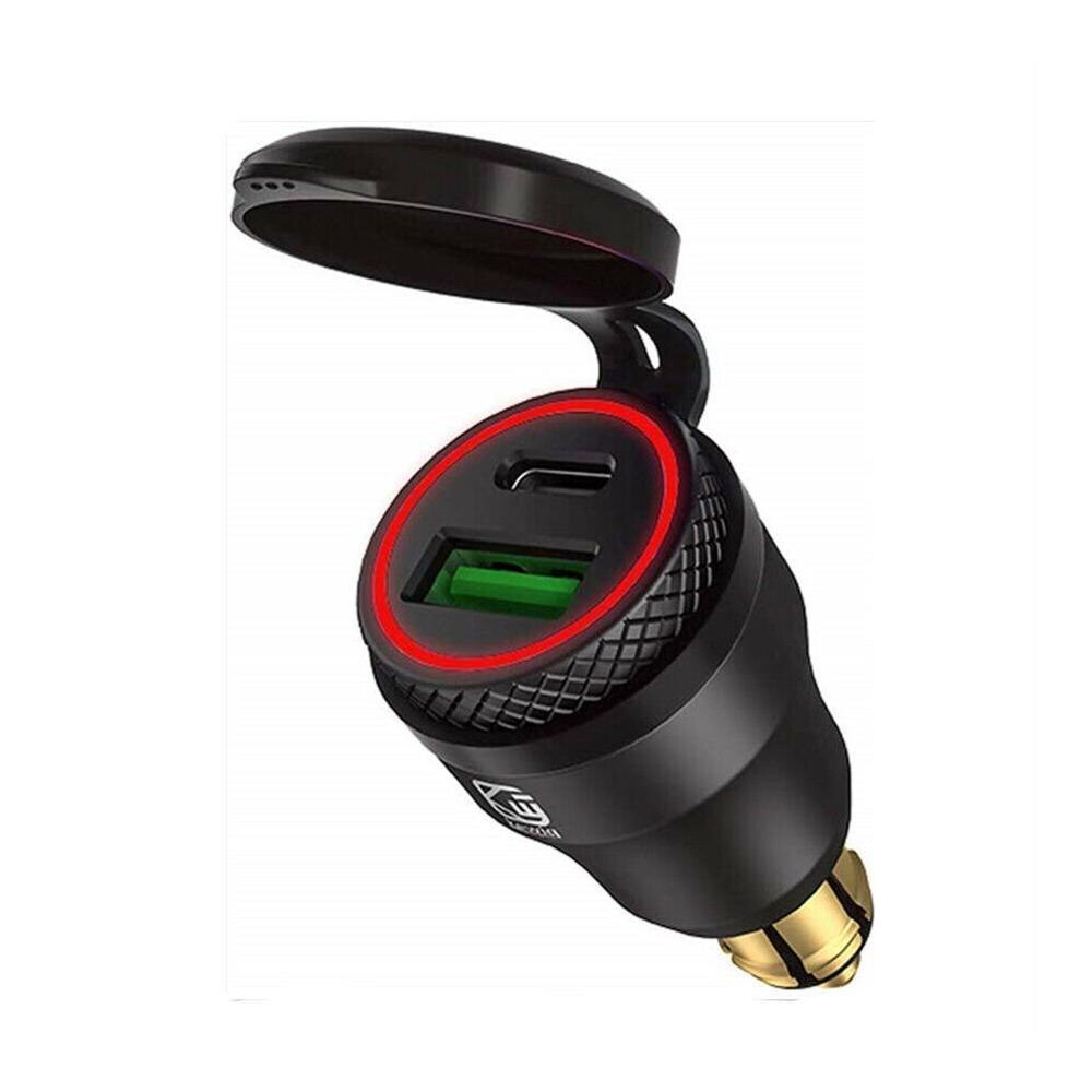 Vandtæt pd type c + usb  qc 3.0 strømstik hurtigoplader til bmw motorcykel din plug adapter: Rødt lys 1