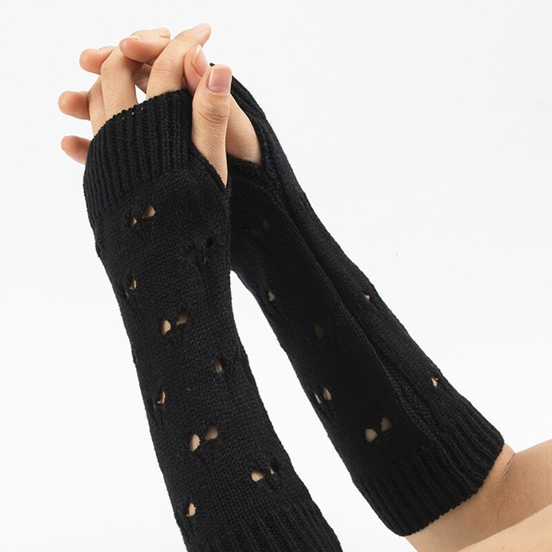 1 par kvinder vinter udhulede hæklede fingerløse handsker ribbet strik trim armopvarmere ensfarvet elastisk vante med tommelfingerhul: Sort