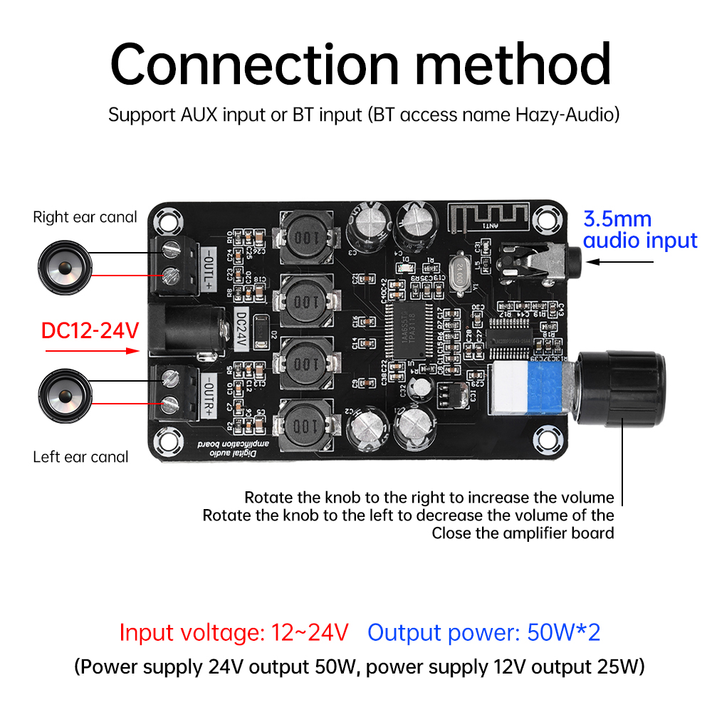 Moduł wzmacniacza DC 12V ~ 24V klasy D 50W * 2 HiFi Stereo Bluetooth 5.0 wzmacniacz audio regulacja głośności za pomocą wzmacniaczy ochronnych