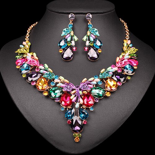 Crystal Ketting Oorbellen Indian Luxe Bruids Sieraden Set Wedding Party Prom Kostuum Sieraden Kerstcadeau voor Vrouwen: multi-color in gold