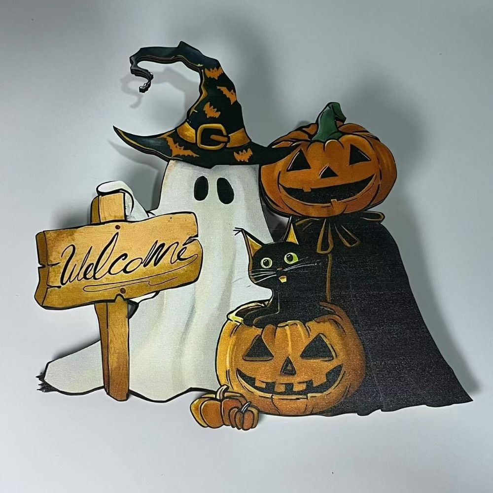 Træ uhyggelig halloween velkomstdørskilt sjov spøgelse kat græskar ophæng krans sød tegneserie vægophæng vedhæng
