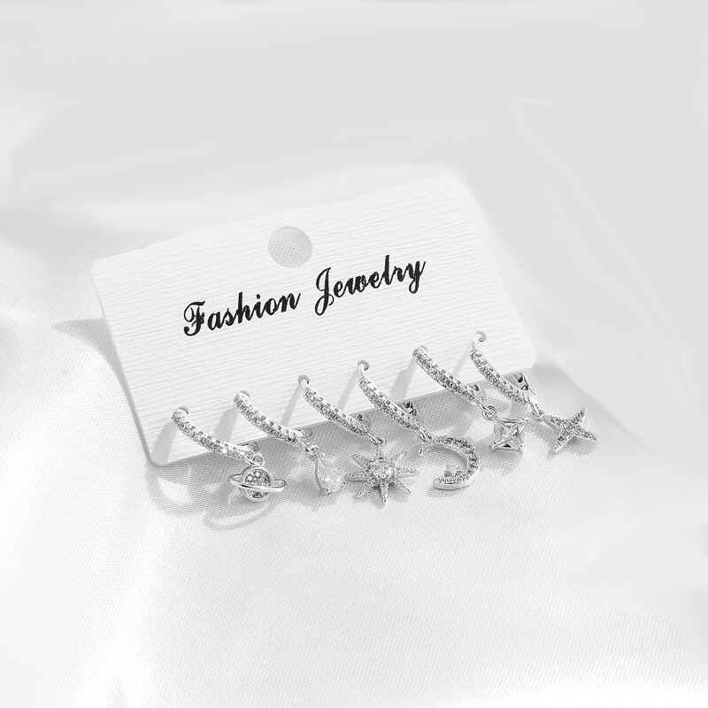 SIPENGJEL orecchini a cerchio in cristallo di zircone lucido di moda Set orecchini pendenti a forma di stella geometrica per gioielli da donna 2021: SILVER