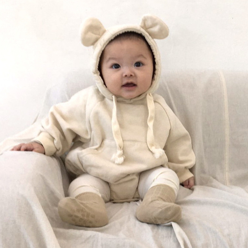 2022 koreanische Baby-bodys Ich bin frühlingsstil für mädchen und jungen, einfarbig, langärmelig, mit bärenohren und kapuze, neugeborenenkleidung  e8405