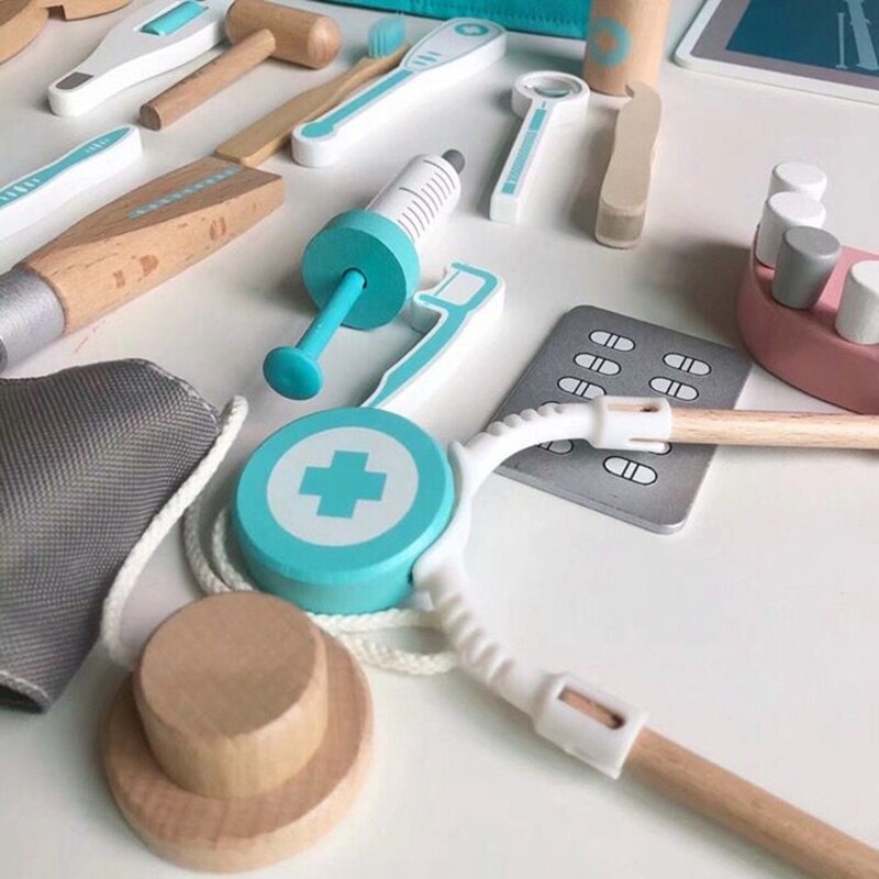 18Pcs Kinderen Houten Pretend Tandarts Toolbox Simulatie Tool Educatief Speelgoed Speeltoestel Met Stethoscoop Voor Kinderen