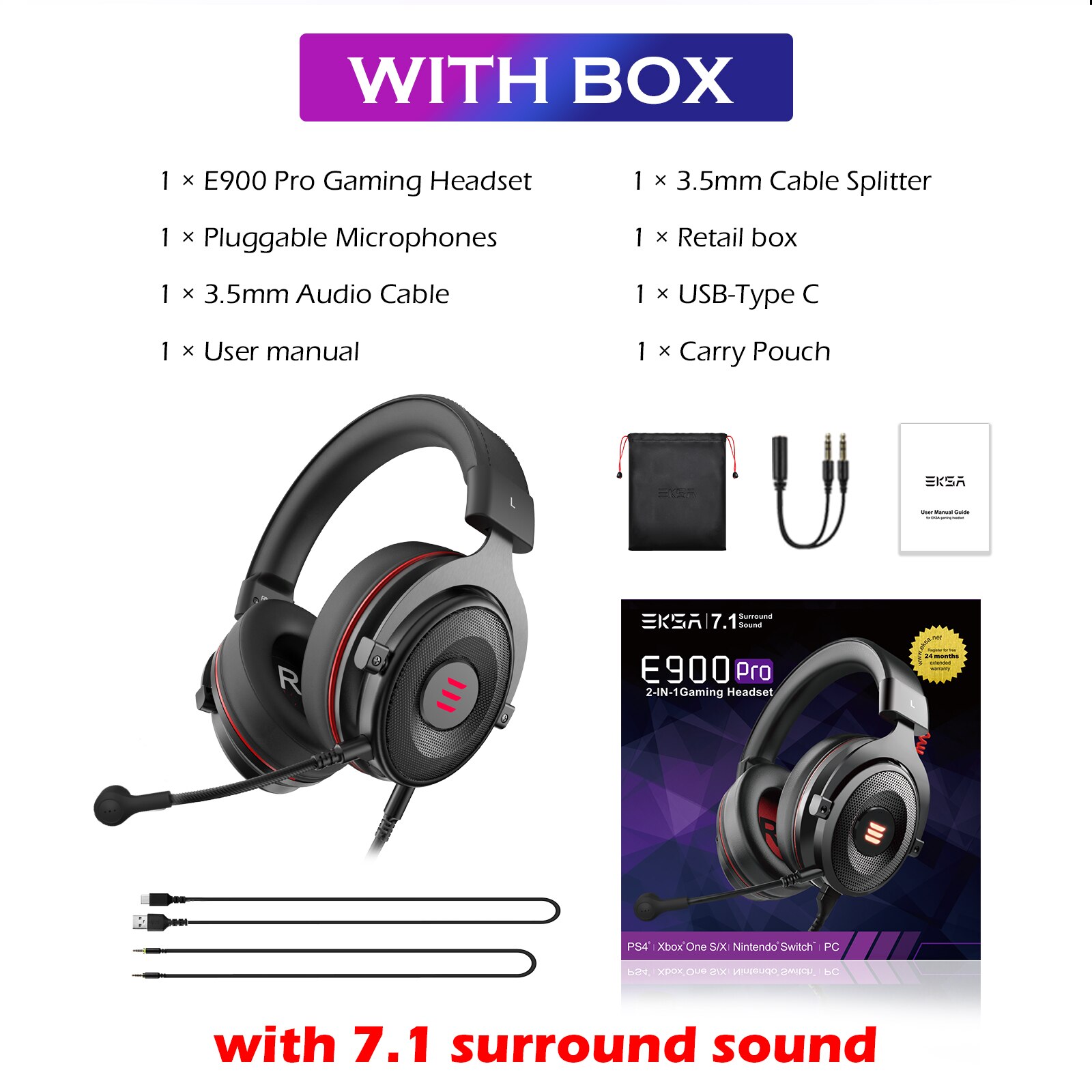 EKSA Gaming Headset Gamer E900/E900 Pro 7.1 Surround Wired Gaming Headphones with Microphone For PC/PS4/PS5/Xbox one/Switch: PRO Black with Box