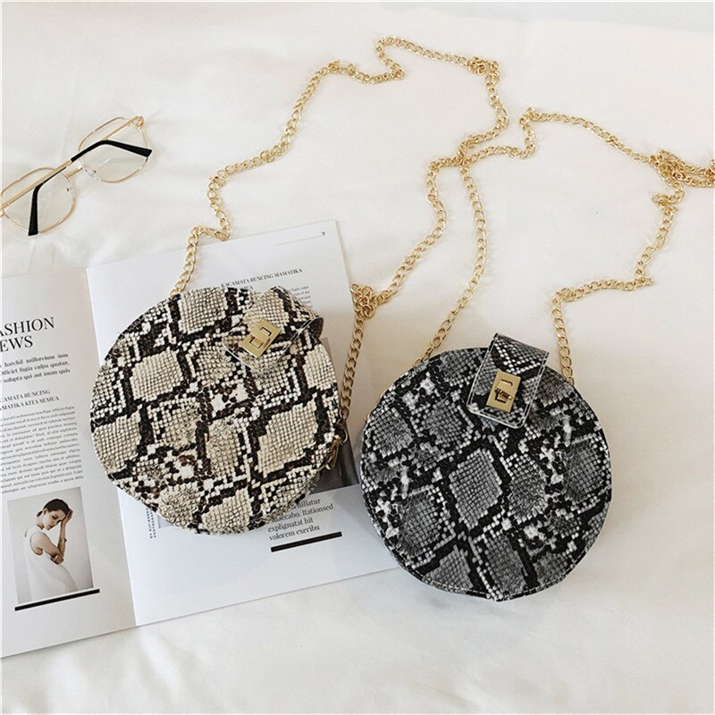 Bolsa feminina redonda pu de ombro, de ombro, de cobra, estampada, de mensageiro, de sacola, imperdível