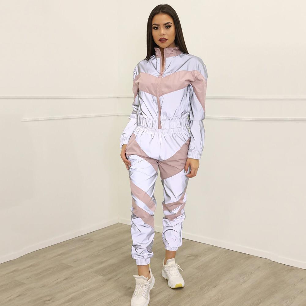 autumn and winter European and American women's stitching reflective sports leisure suit two-piece