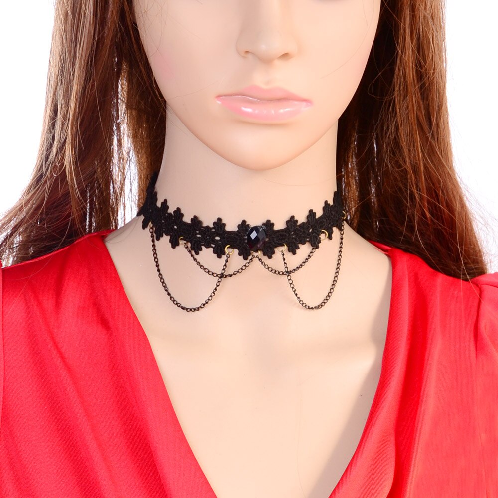 Classic Black Chain Vintage Gold Metal Bead Flower Pendant Gothic Lace Choker Necklace for Women Retro Statement Collar Jewelry: N3345