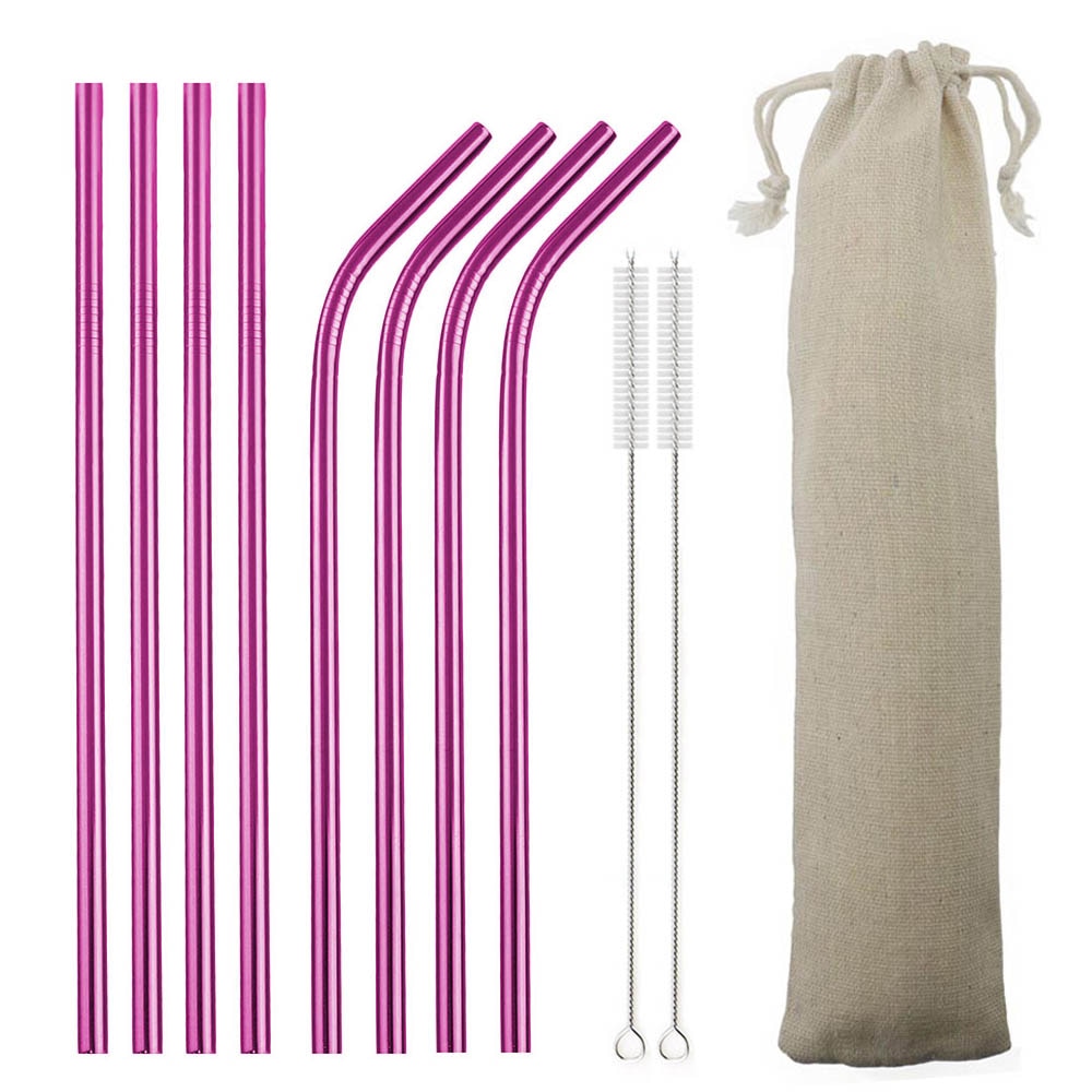 Set van 4/8 herbruikbare metalen rietjes van roestvrij staal, 304 drinkrietjes met milieuvriendelijke roze borstel, rietje voor 20 / 30oz mokken