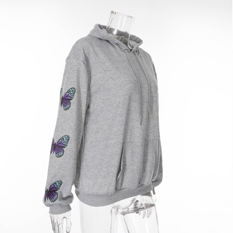 Herfst Winter Mode Vlinder Print Grijs Hoodies Vrouwen Lange Mouw Trui Losse Sport Casual Sweater Streetwear Tops