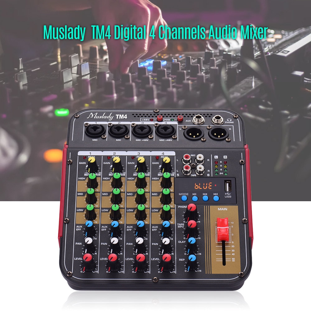 Muslady TM4 Digital 4-Channel Audio Mixer Mixing Console Built-in Phantom Power with Audio System for Studio Recording