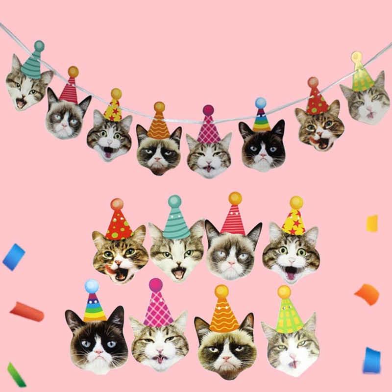 1Set Leuke Huisdier Katten Papier Banner Bunting Garland Kat Pet Party Decoratie Voor Thuis Verjaardag Vlag Opknoping Decor Supplies
