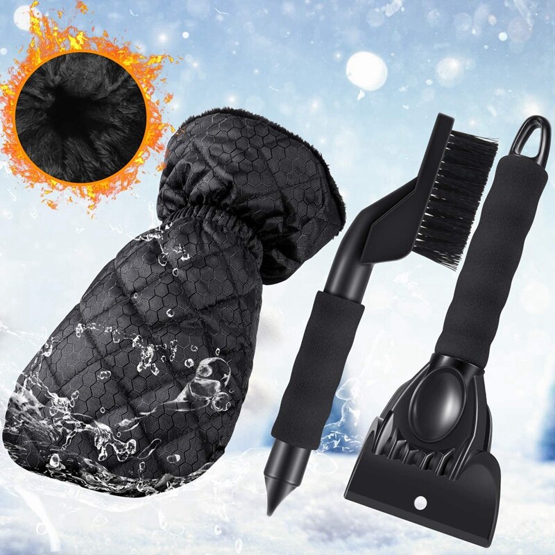 Ice Scraper Gloves Waterproof Snow Remover Windshield Snow Scraper Mitts with Thick Fleece Lined, Snow Brush, 3 PCS