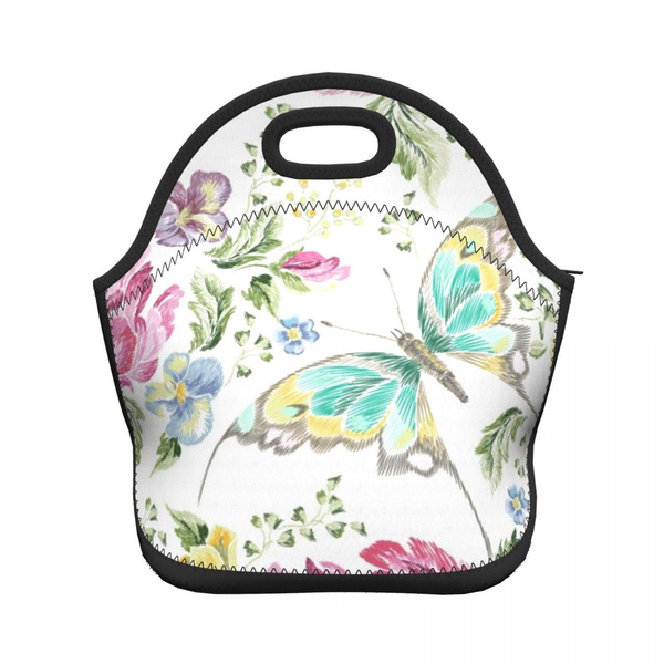 butterflies lunch bag women Portable Insulated lunch box for men girls boys Neoprene Cooler Tote Lunch Bags: MULTI