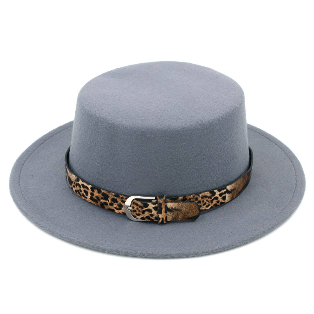 Mistdawn damer kvinder uld blanding sejlerhat sømand bred skygge flade top kasketter bowler hatte leopard læder bånd: Grå