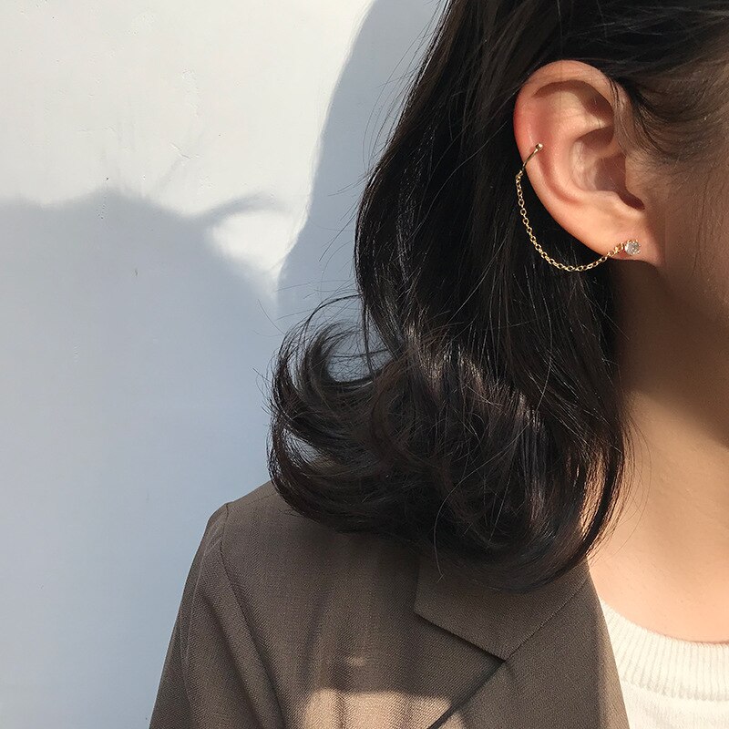 Minimalistyczny złoty kryształ stadnina połączyć łańcuch Earclip przeszywający Earcuff kolczyki dla kobiet 2020 akcesoria biżuteria