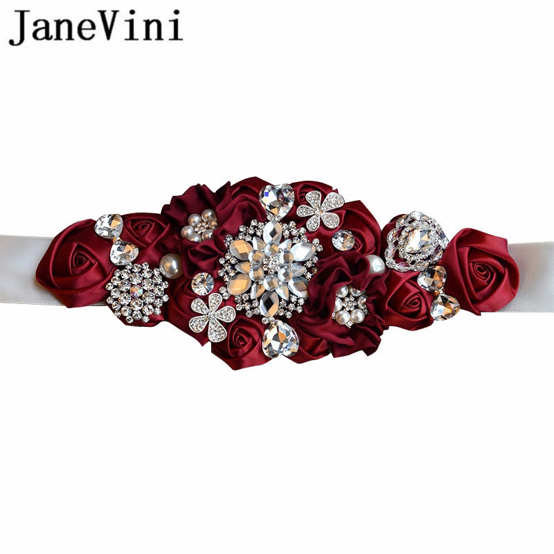 JaneVini-cinturones para boda con abalorios, con flores, Burdeos, satén, rosas, boda, cinturón con cristales, cintas de banda de diamantes de imitación,