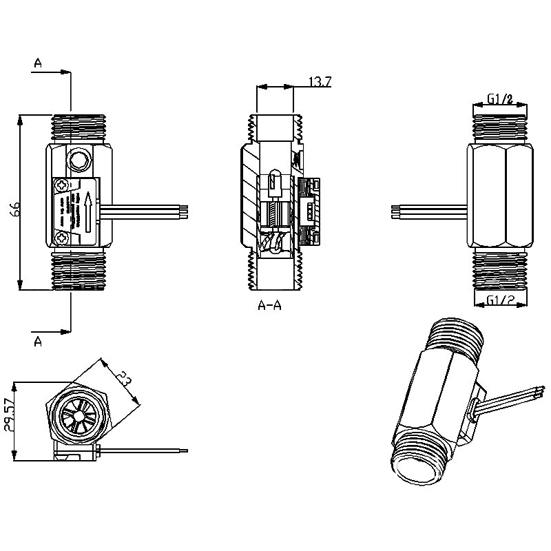 G1/2 Water Flow Sensor Hall Flowmeter with Temperature Detection Metal Copper Shell Flowmeter Turbine Meter Sensor