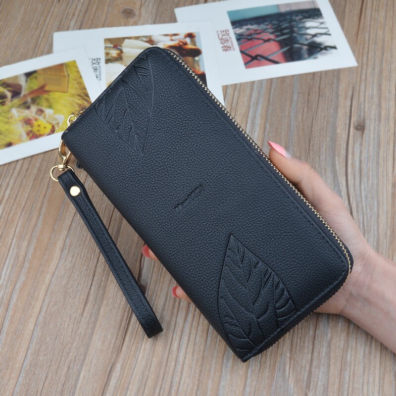 Portafogli e portamonete da donna portafoglio in pelle PU polsino femminile stampa foglia borsa lunga da donna borsa grande capacità portafoglio donna: Black
