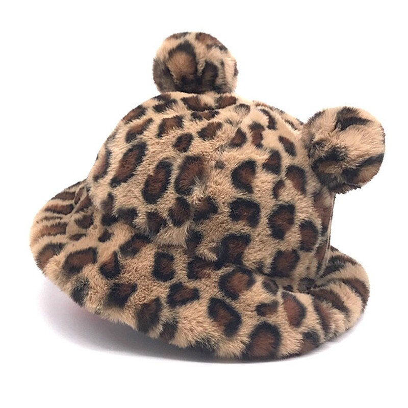 Vinter leopard bjørn øre spand hat kvinder tyk varm imiteret pels fiskekasketter bob piger plys blød panama vinter hat: Kaki leopard øre