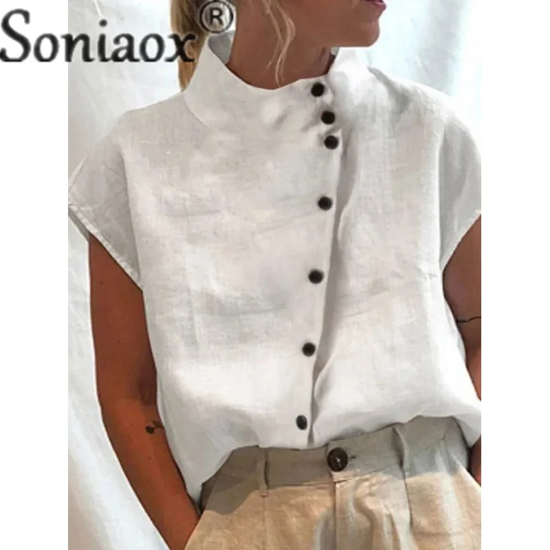 Camisa de lino y algodón con cuello levantado para mujer, cárdigan de estilo Simple con una botonadura, Tops, blusa holgada informal para mujer 2023: XL / Blanco